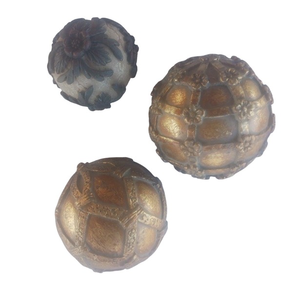 Decorative Orbs Balls Metal Over Wood? Set/3 Floral Accents Decor 3" & 2.5" READ - Picture 1 of 4